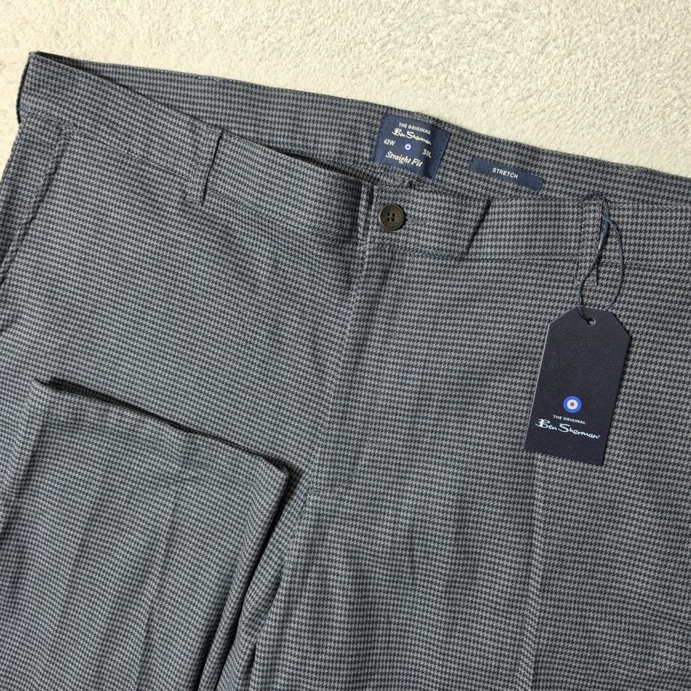 NEW! Ben Sherman Pants Mens 42/30 Grey Houndstooth Straight Fit Stretch‎